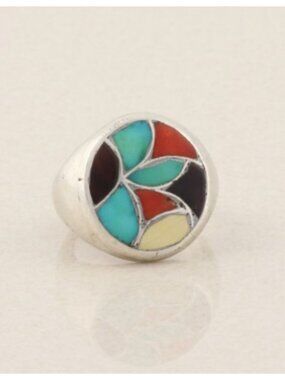 Men's or Women's Sterling Silver Turquoise Coral Onyx Ring Size 9 1/2